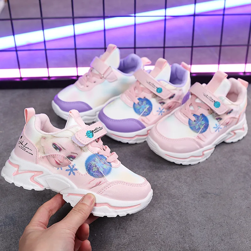 Disney Girls' Casual Shoes Cartoon Fashion Soft Sole Anti Slip Princess Elsa Frozen Children's Sports Shoes Sneakers Size 26-37