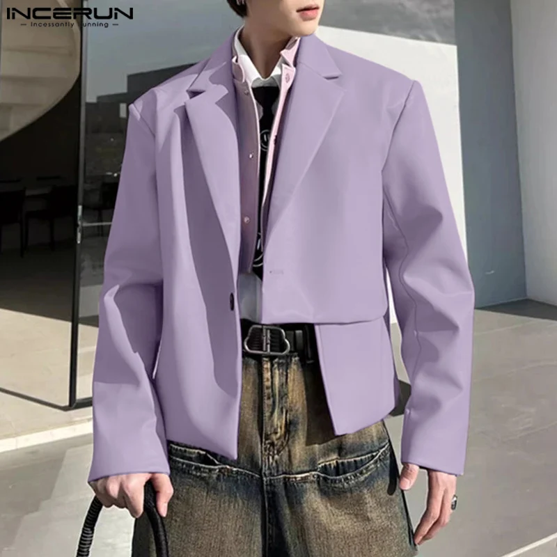 INCERUN Blazer 2025 Korean Style Fashion Men's PU Leather Irregular Hem Design Coats Autumn Casual Long Sleeved Blazer S-5XL