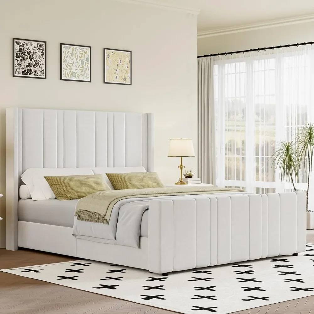 Full Size Bed Frame, Soft Velvet Upholstered Bed Frame with Vertical Channel Tufted Wingback Headboard &Footboard,Soft Frame Bed