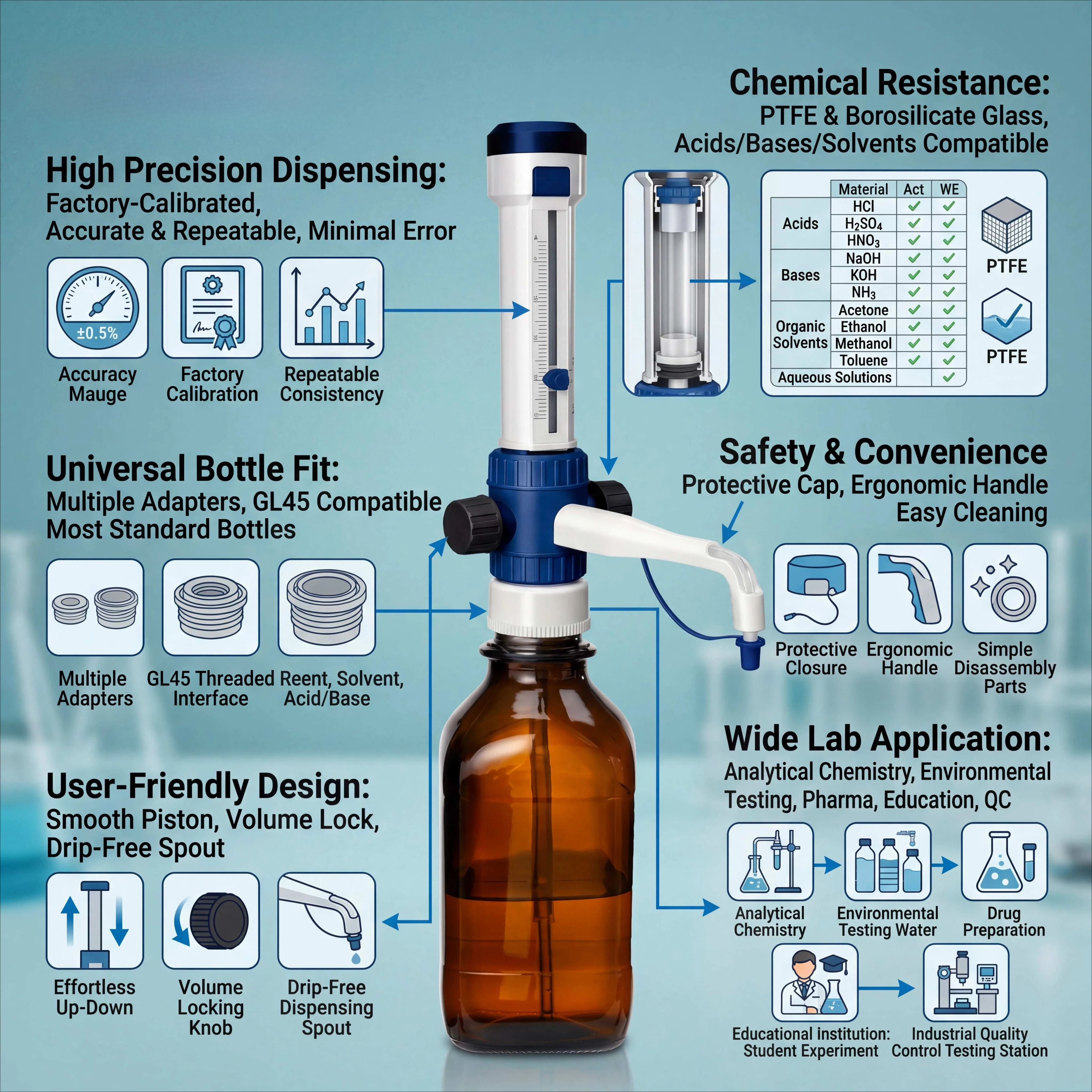 Sinosource Bottle Top Dispenser with Adjustable Volume and Multiple Adapters for Laboratory Liquid Dispensing
