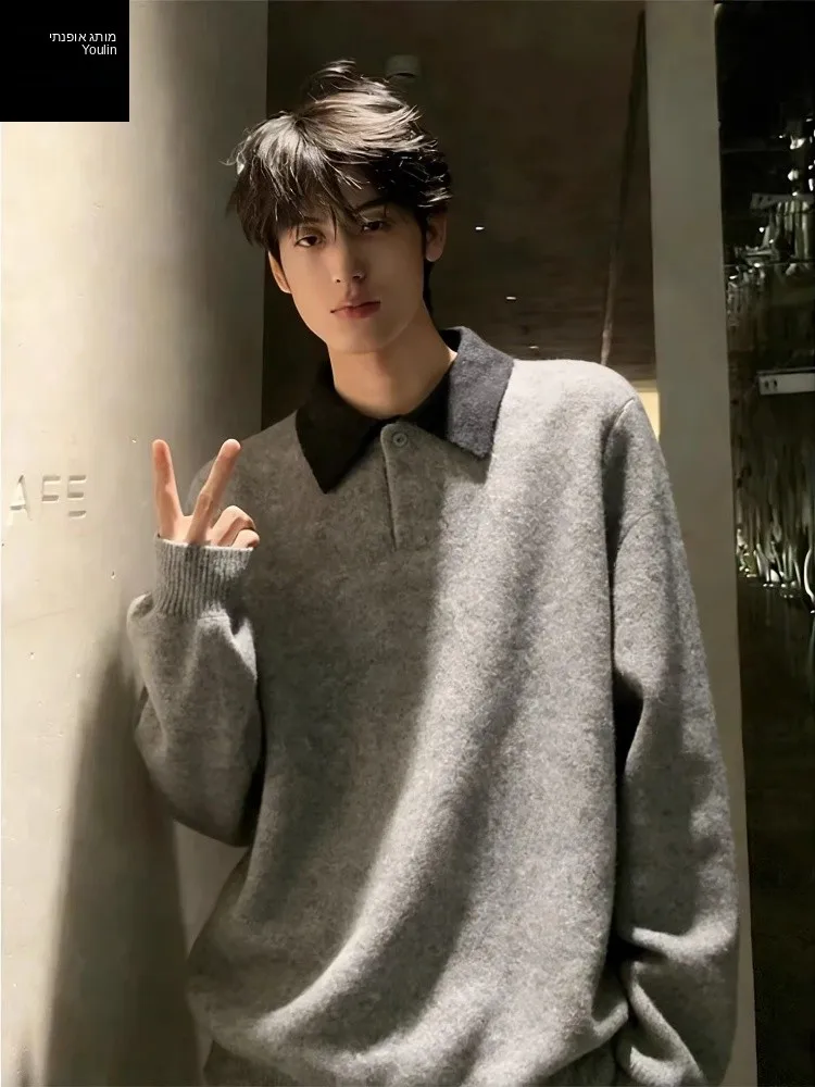 

Gray Knitted Collar Sweater Men's Autumn Winter Lazy High-End Feeling Fake Two-Piece Base Shirt Korean Style Inner Wear