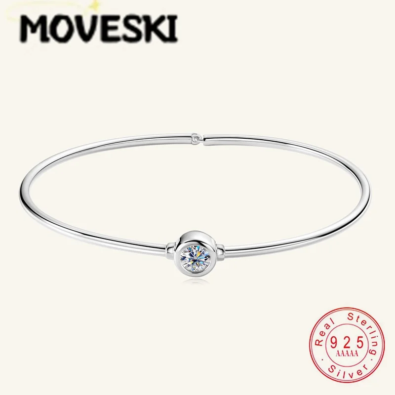 MOVESKI 925 Sterling Silver Moissanite Bangle Bracelet for Women, Round Cut Bezel Set Solitaire Stone Minimalist Hand Jewelry