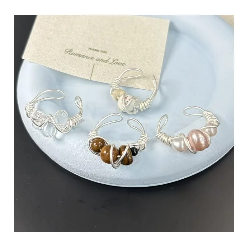 

Sweet and Cold Wind Pearl Tiger's Eye Stone Winding Ring, Women's High Sense of Personality Unique Multi-color Ceramic Bead Inde