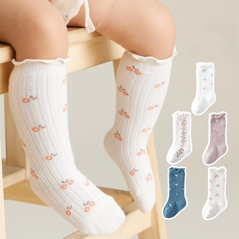 Solid Color Embroidery Flowers Baby Socks Infant Kids Toddler High Knee Socks Spring Autumn Elastic Girls Mid-Calf Socks 0-5 Y
