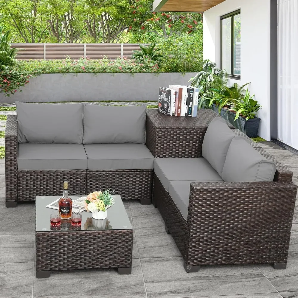 Outdoor Rattan conversação secional sofá cadeira, caixa de armazenamento, mesa de café, No-Slip almofadas, Mobiliário Pátio Set, 4 pcs