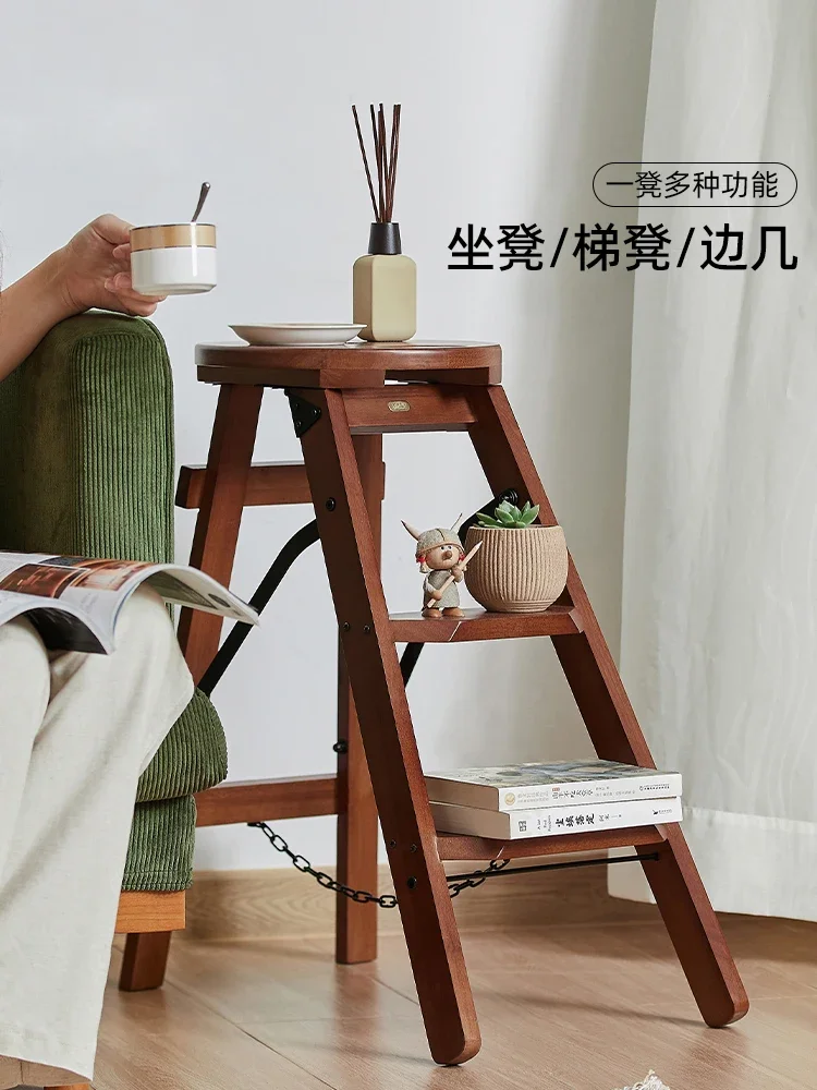 Factory Direct 2026 Simple Solid Wood Chair Stool Bar Chair High Stool Bar Chair Dual-use Home Ladder Three-step Folding