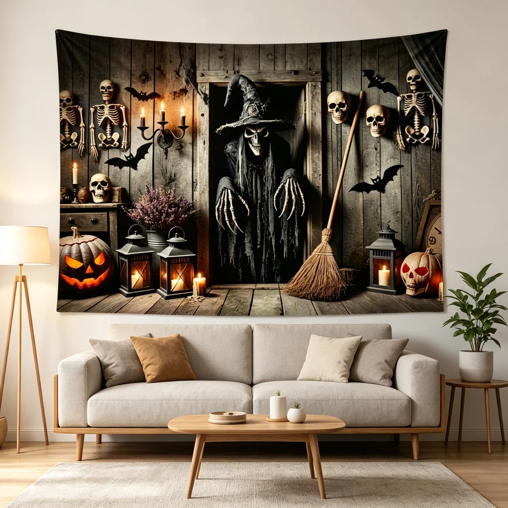 1PC Witch Wooden Door Skeleton Bat Pumpkin Print Backdrop Banner, Bedroom Living Room Kitchen Photo Background, Wall Art