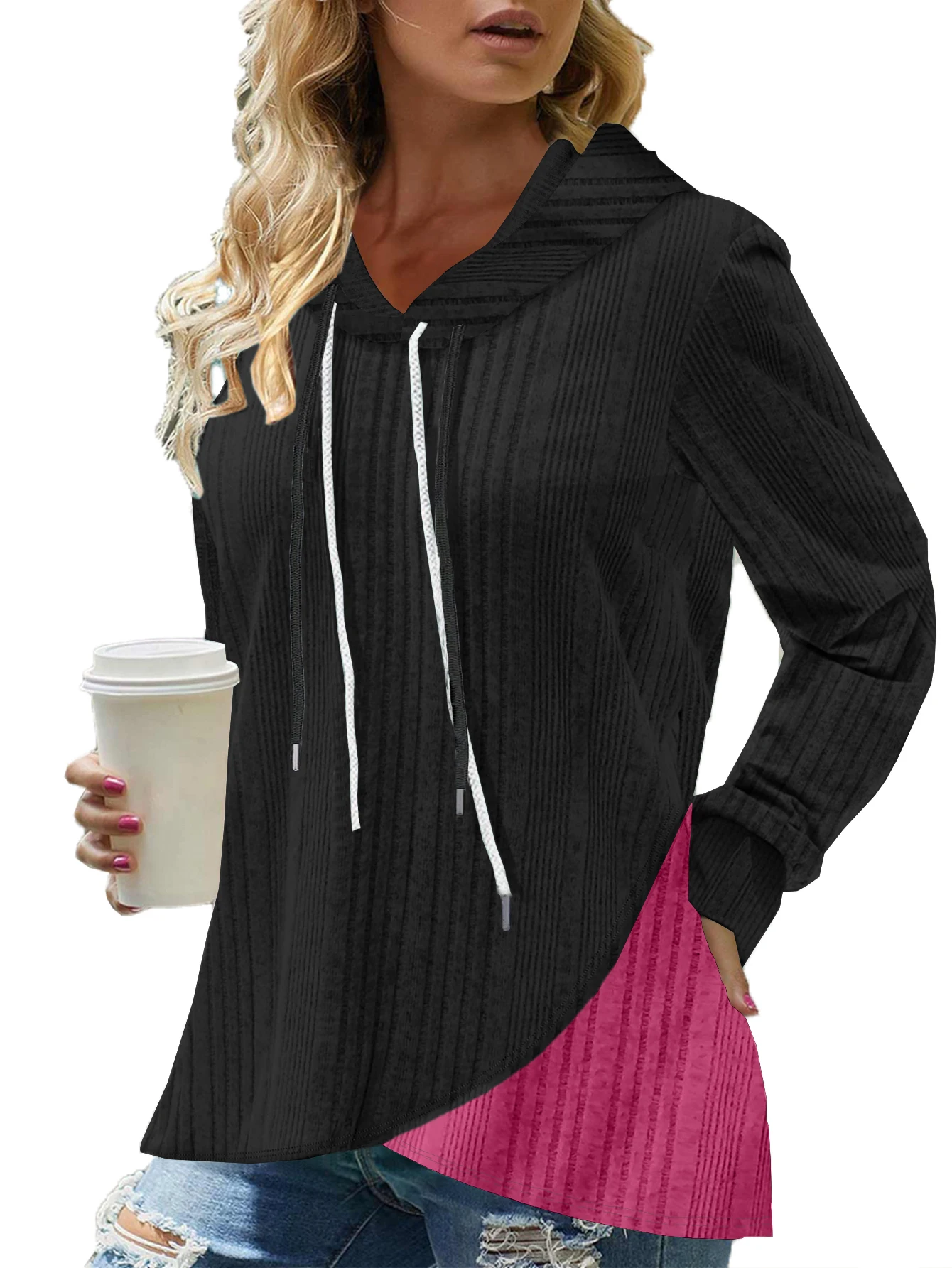 Women's Spring And Autumn Hooded Pullover Plaid Patchwork Long Sleeve Sweatshirt, 2 In 1, Black Knit Matched Blue Plaid Top Nas