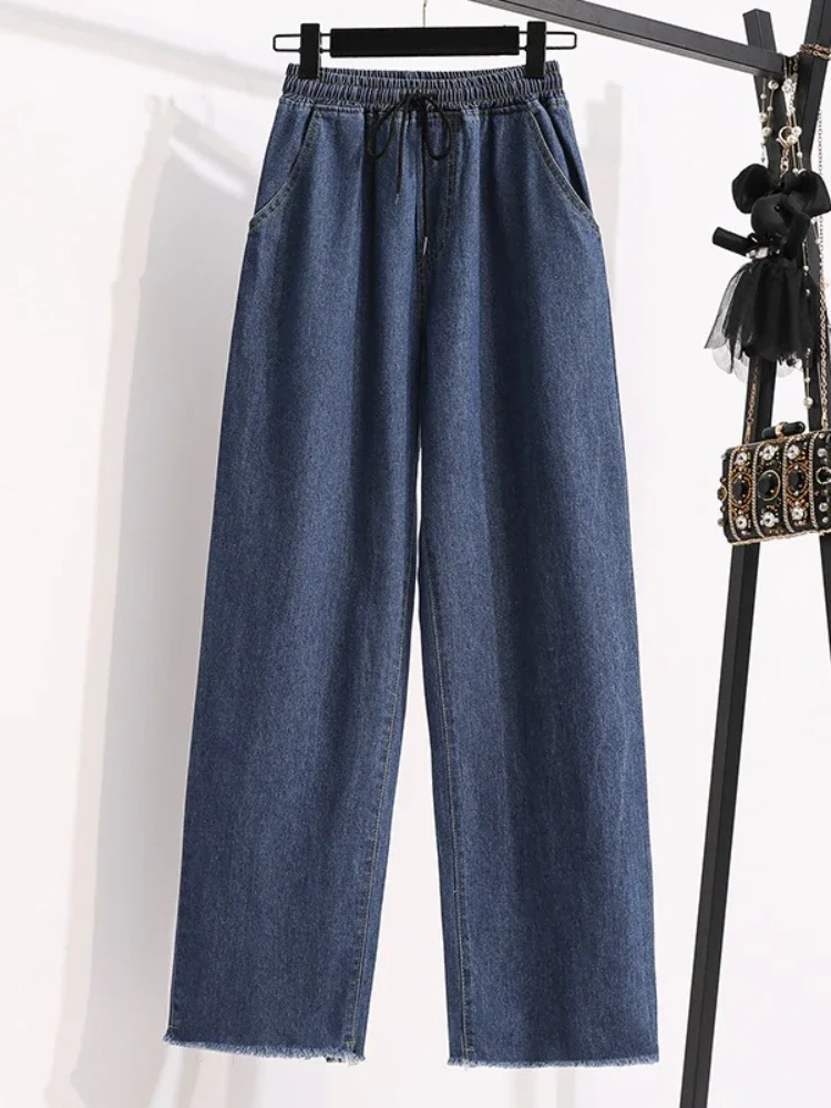 النساء واسعة الساق حجم كبير الدنيم السراويل الخريف مطاطا الرباط عالية الخصر الكاحل طول مستقيم الجينز السراويل الكورية غير رسمية