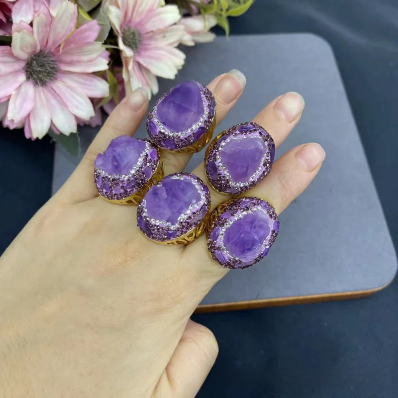 

Natural Irregular Amethyst Original Stone Color Preserving Women's Ring Jewelry Personalized Trendy Simple Accessories