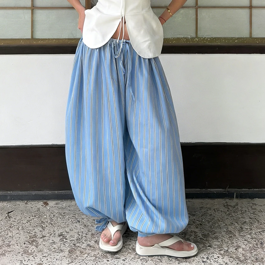 

Женские повседневные брюки Linad с синими полосками, свободные, до щиколотки, в уличном стиле, с эластичным поясом, модные, 2026