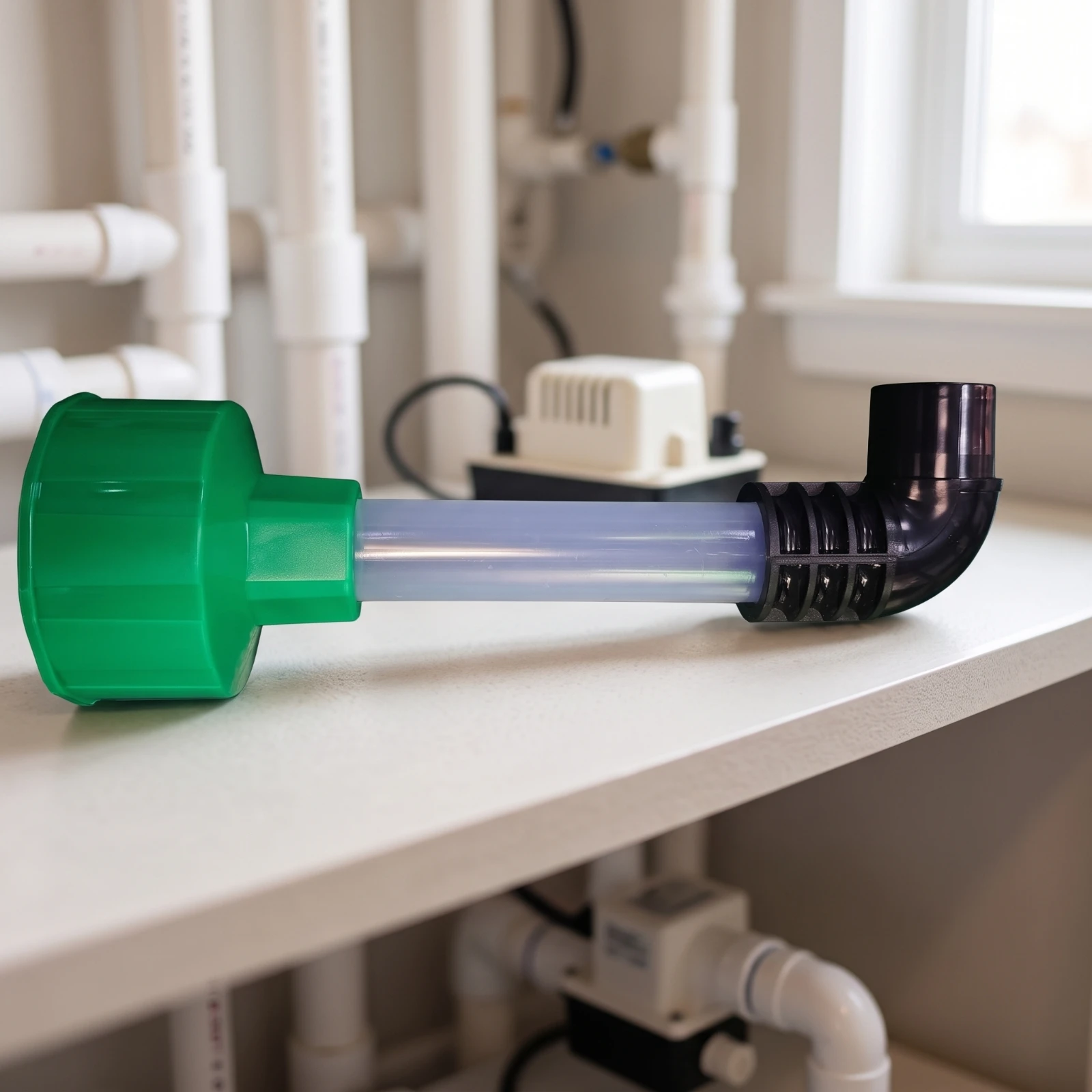 A/C Drain Line Attachment with Clear Tube Angled Air Conditioning Drain Line Unclogger Vacuum Hose Adapter with Elbow Low-Height