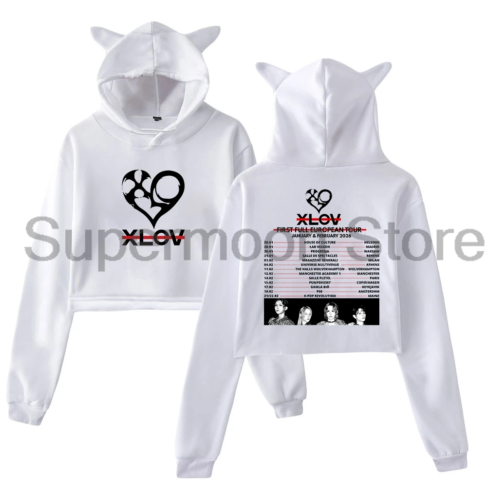 Kpop XLOV 2026 First Full European Tour Merch Hoodie Cat Ears Hooded Sweatshirt Long Sleeve Crop Top Women's Clothes