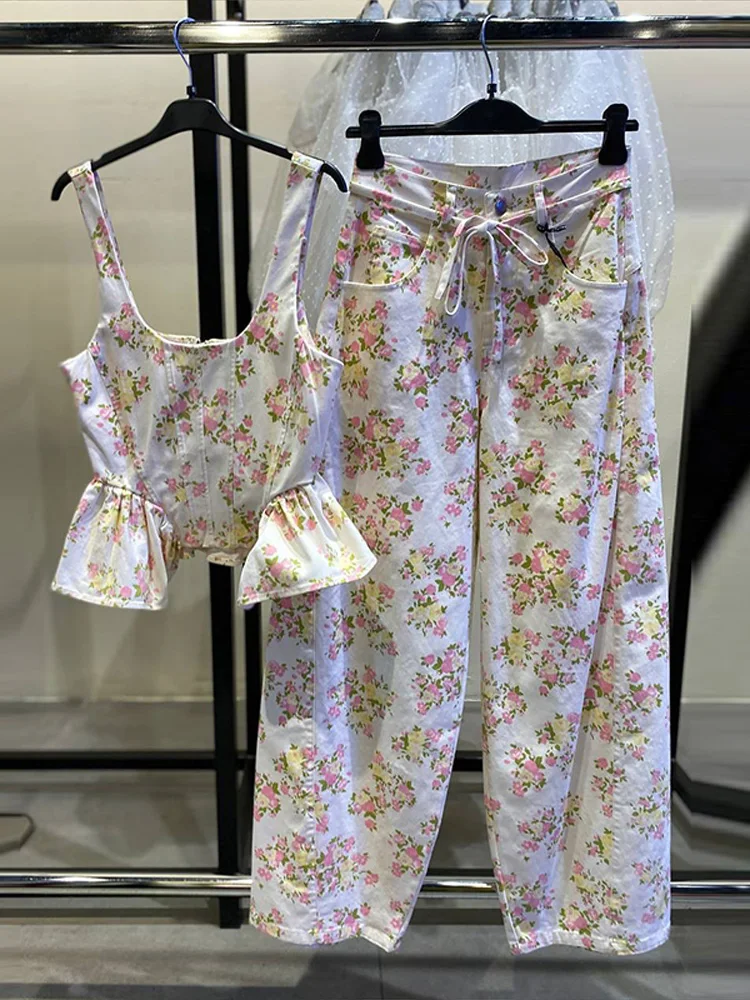 Women's Pant Set Ruffle Floral Printed Sleeveless Cinched Waist Top Female Straight Lace Up Pant Spring Loose Suit For Ladies