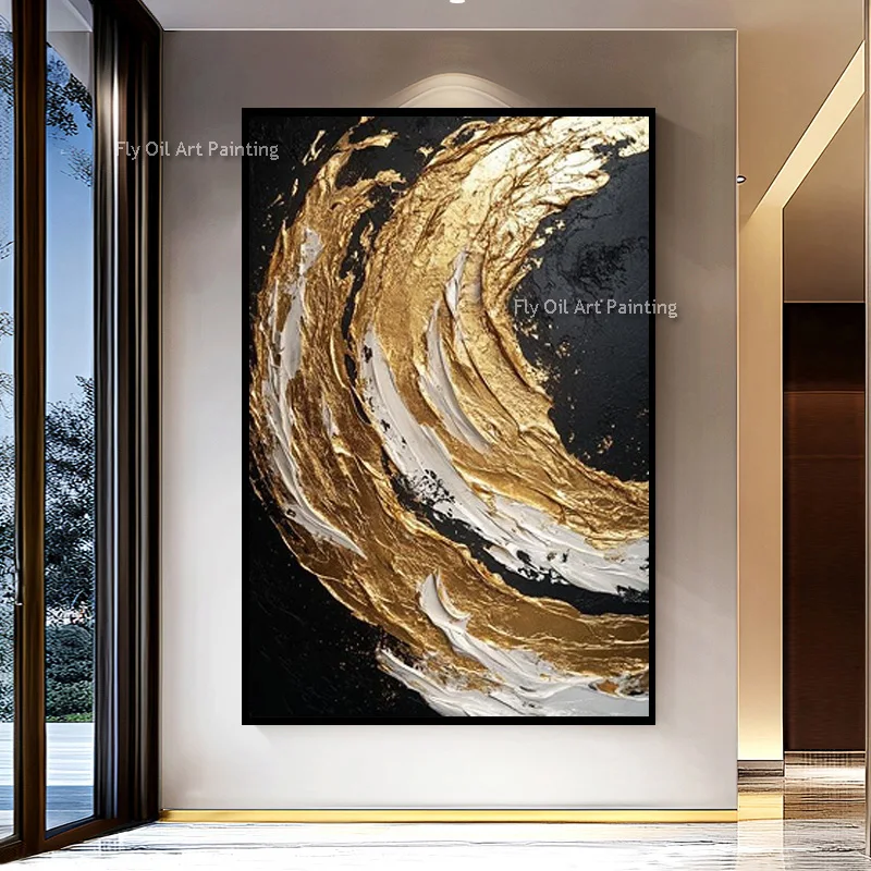 100% Handmade Curved Gold Wall Art, Palette Knife Texture Painting, Black White Canvas Modern Home Decor