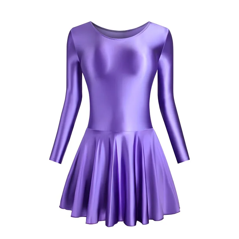 فستان ساتان ناعم لامع زيتي بأكمام طويلة وتنورة رياضية للسباحة واليوجا وتنورة باليه وأكمام طويلة تنورة للحفلات يوتار