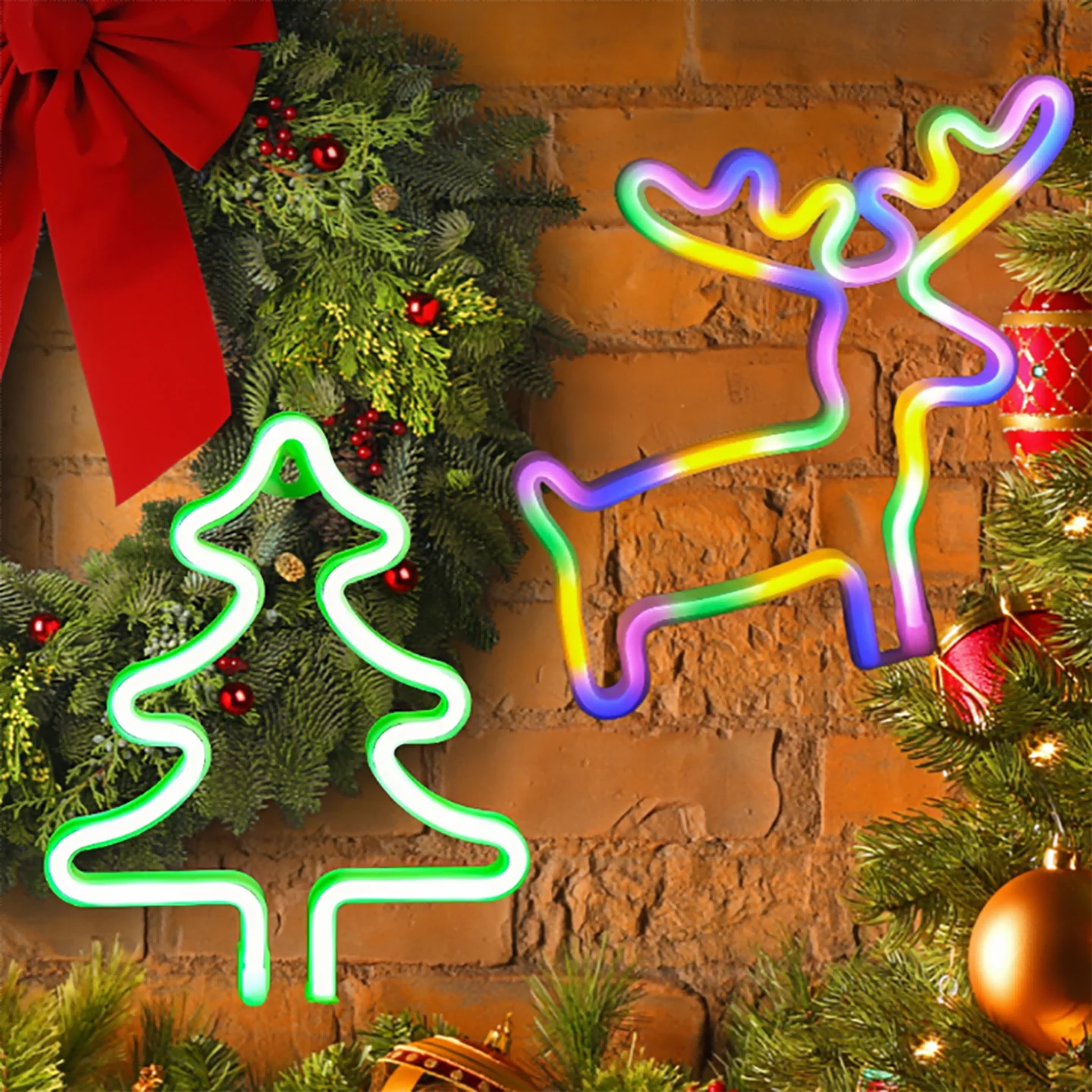 2pcs, Christmas tree and elk neon signs, Christmas party, bedroom, living room, Christmas dinner LED decoration, holiday gifts