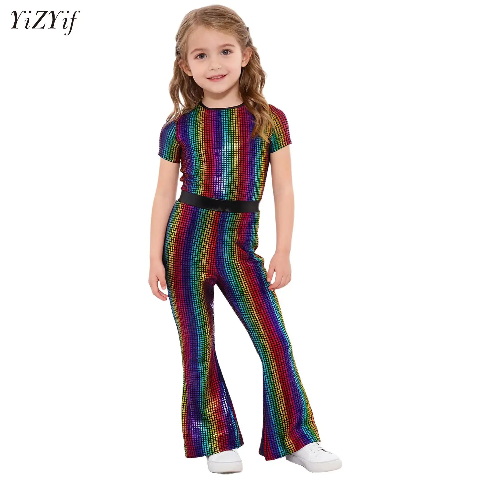 

Kids Girls 70s Disco Rompers Metallic Plaid Bell Bottom Long Pants Jumpsuit Retro Jazz Performance Dancewear Carnival Rave Party
