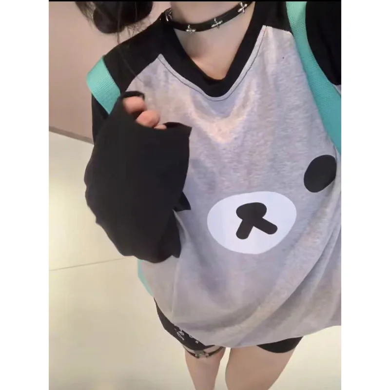 Rilakkuma T-shirt Cute Little Bear Image Patchwork Top Casual Relaxed T-Shirt Stylish Long Sleeve Round Neck Women\'s Clothing