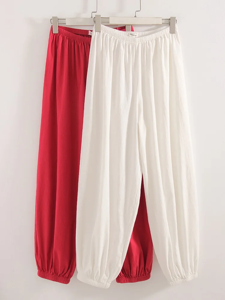 Wide Leg Red Pants For Women Cotton Long Bloomers White Autumn Elastic Waist Lantern Trousers Women Straight Practice Pants Lady