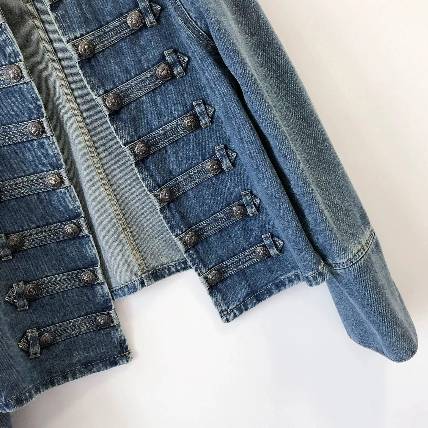 Women Vintage Military Style Denim Jacket Stand Collar Double Breasted Decor Button Cropped Jean Coat Long Sleeve Slim Fit Ladie - view 4