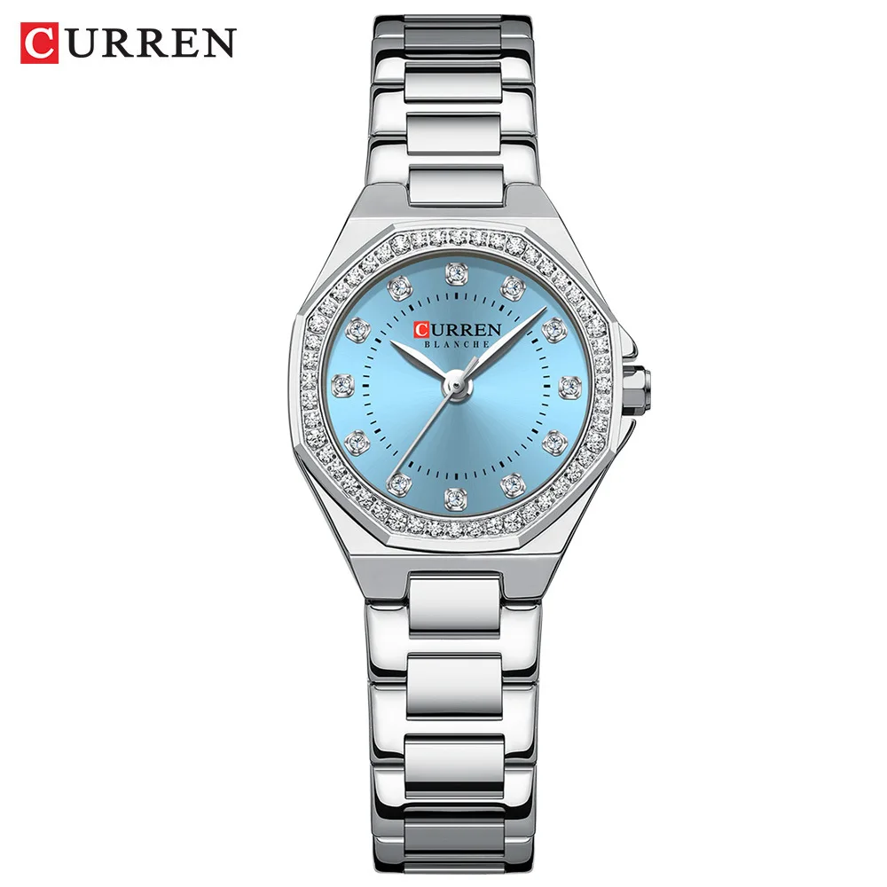CURREN 9100 Ladies' Diamond-studded Quartz Wristwatch, Waterproof Octagonal Small Dial Stainless Steel Strap Watch