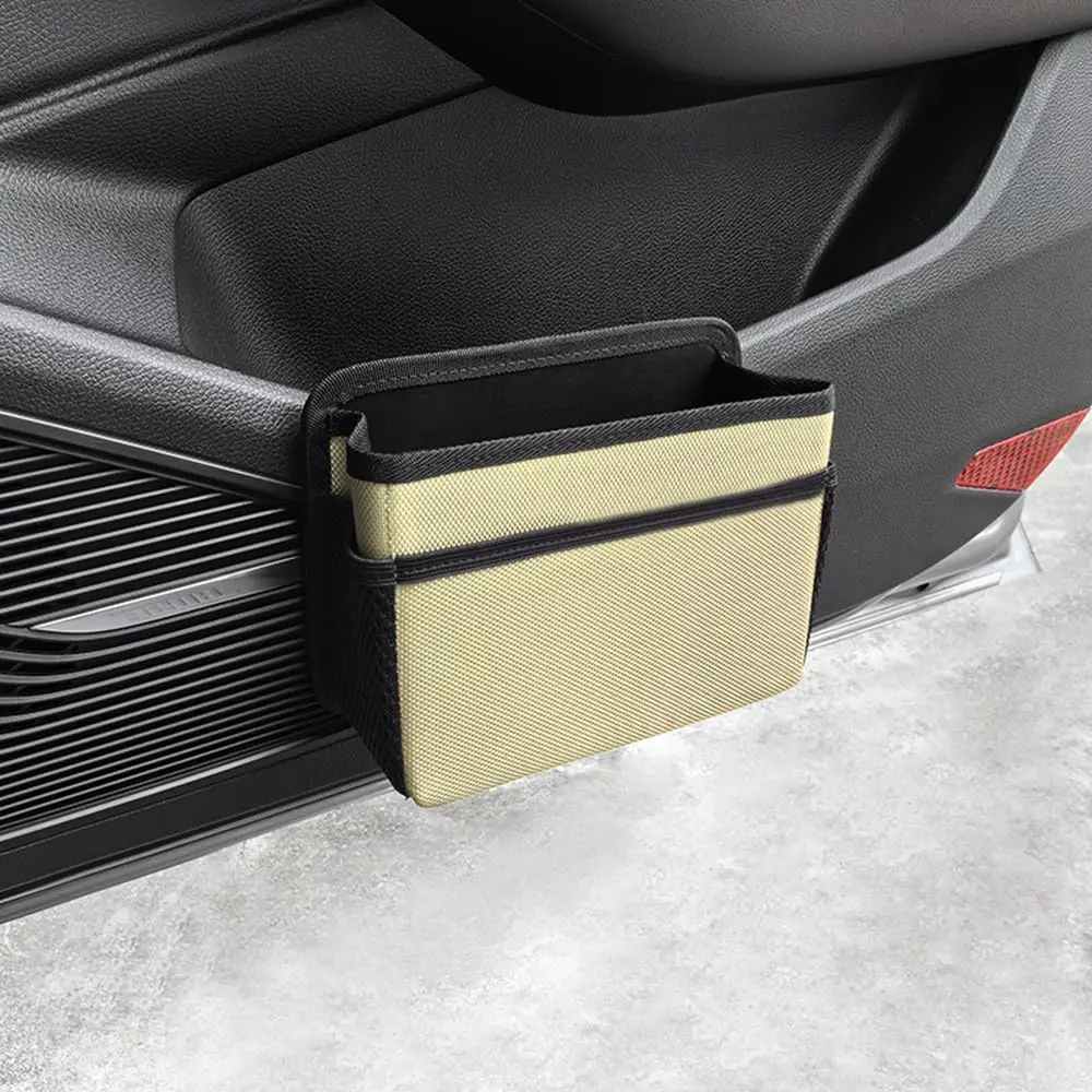

Beige And Black Foldable Hanging Organizer With Garbage Bag Roll, Multi-Pocket Storage For Car, Home, Office