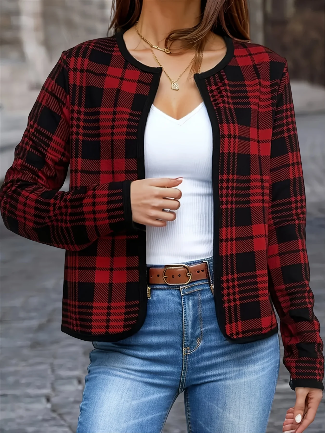 Women Fashion Plaid Printed Jacket Coats Casual Full Long Sleeve Cropped Outerwear Tops Ladies Basic Chic Jacket Coats