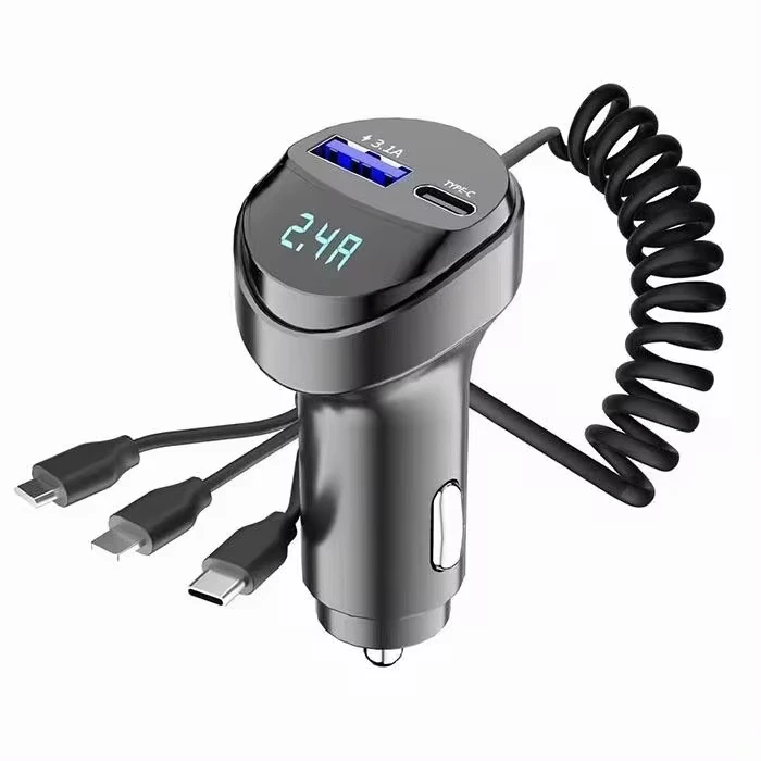 

2-Port USB 55W Fast Car Phone Charger 3.1A With Voltage Display Car Three In One USB Retractable Charging Cable Car accessories