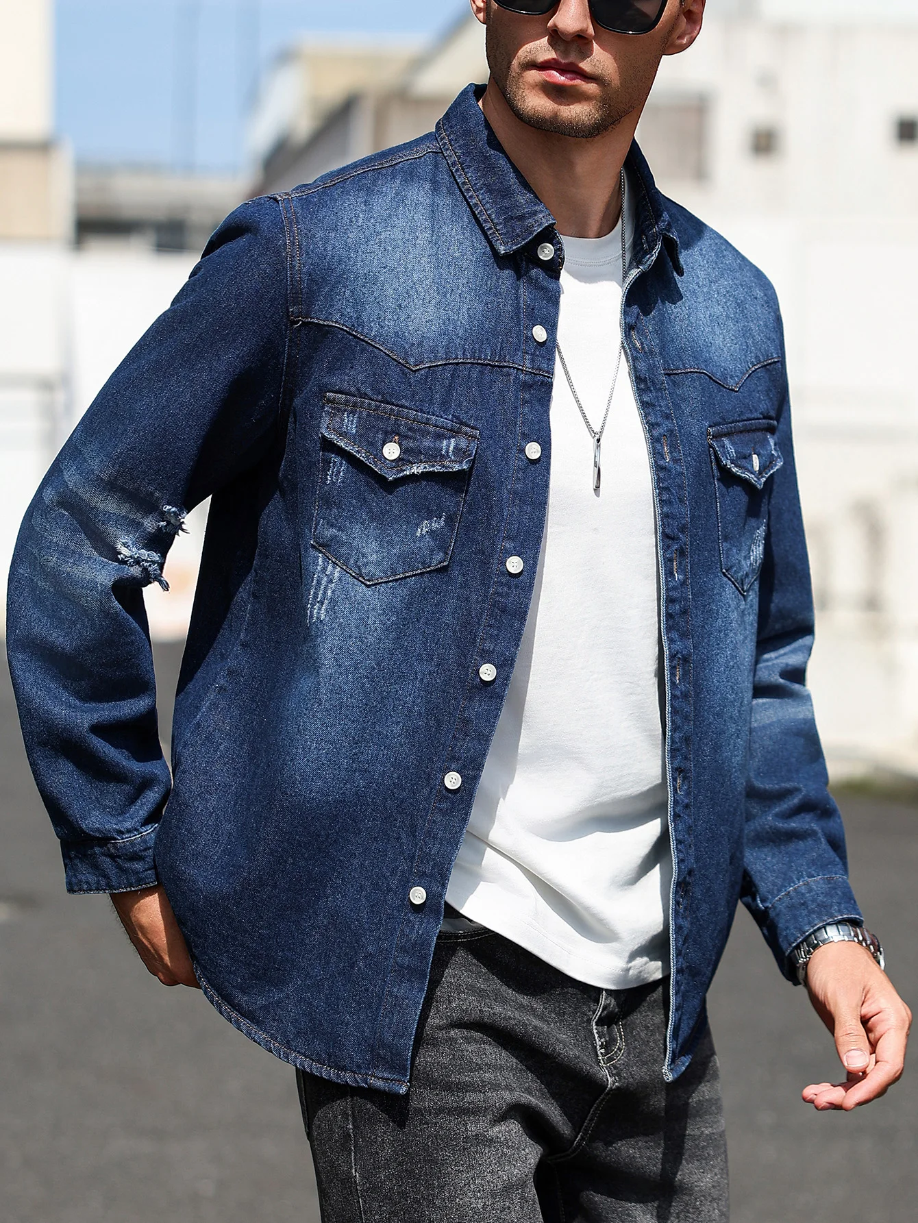 Men's dark blue distressed western-style denim shirt jacket, casual button-front layering streetwear top view 3