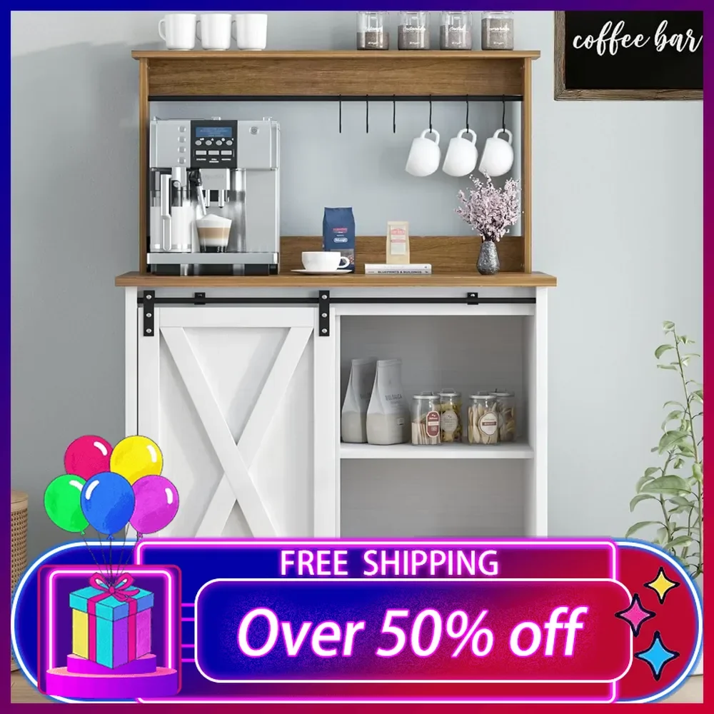 

Farmhouse Coffee Bar Cabinet with 6 Hooks, White Coffee Bar Hutch with Storage, 50 Inch Buffet Cabinet with Sliding Barn Door