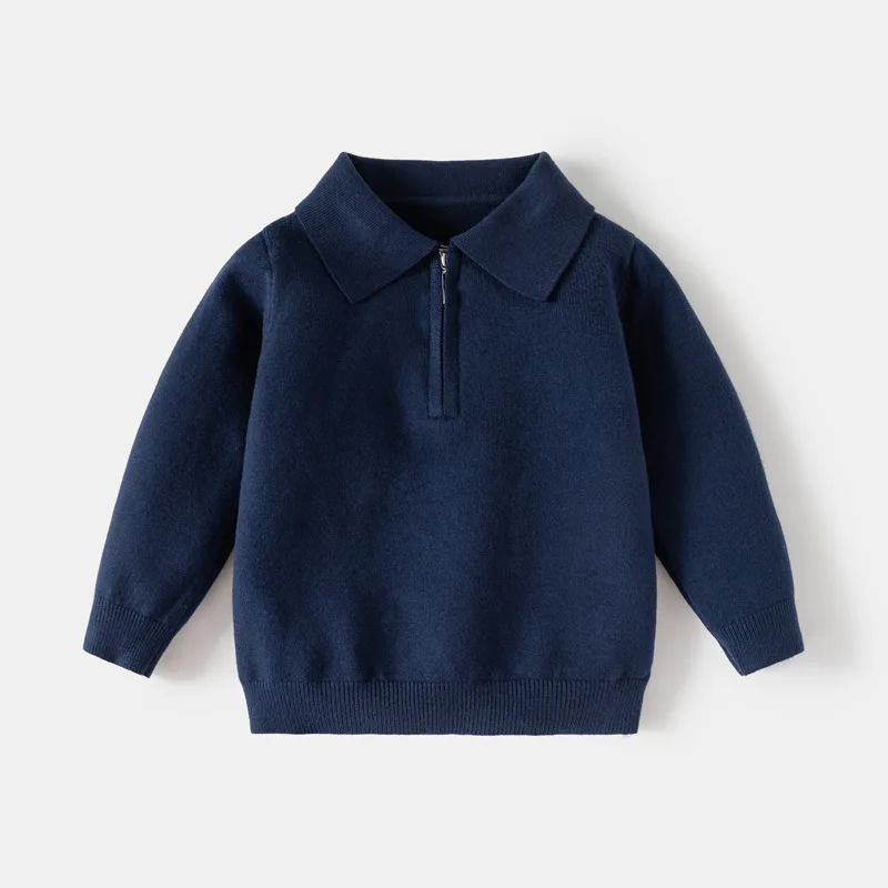 2025 Autumn New Children's Clothing Boys' Single Layer Yarn Flip Collar Sweater Clean Color Bottom Knitted Sweater