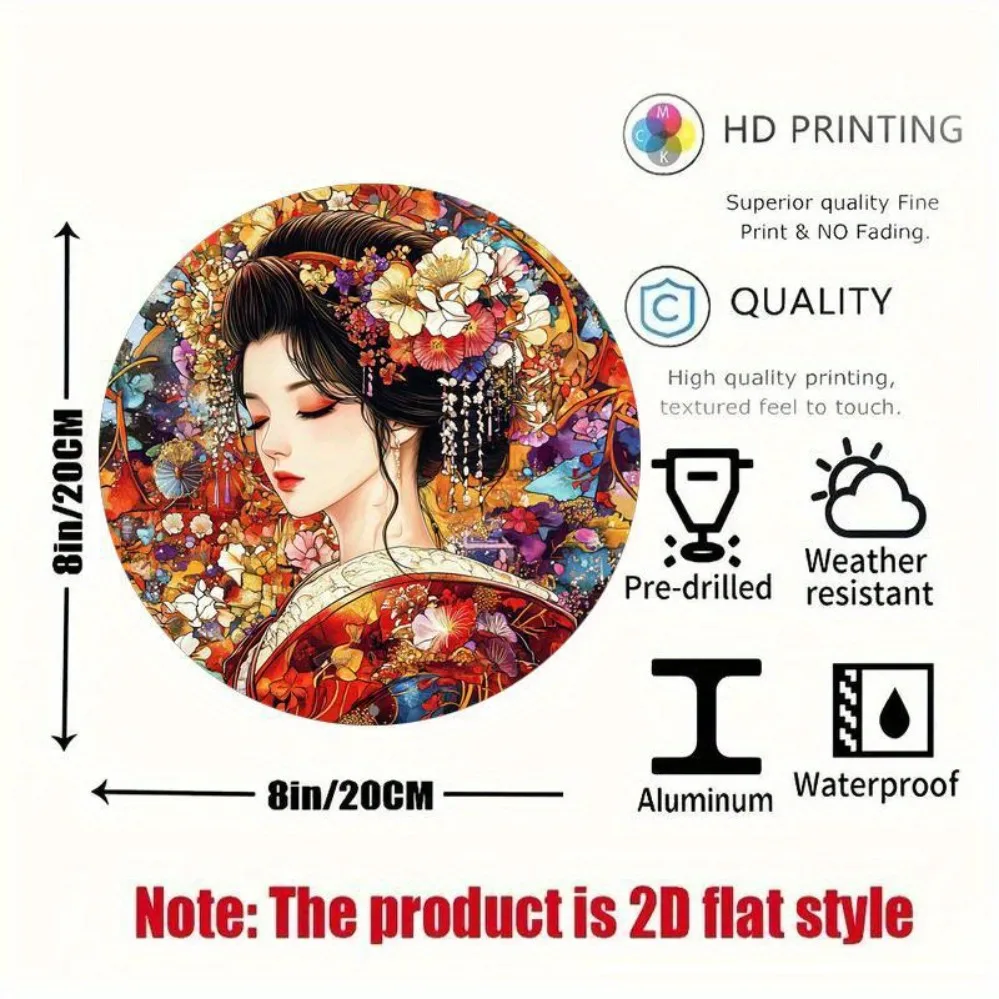 Vintage Floral Geisha Round Metal Tin Sign, Retro Japanese Ukiyo-e Style Wall Decor Tin Plaque, Colorful Oriental Art Poster for