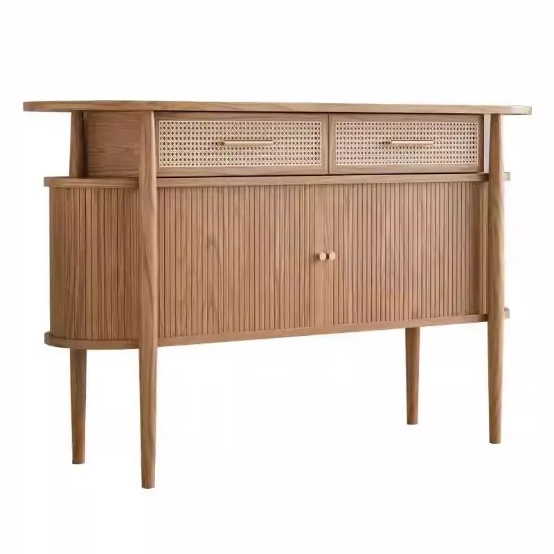 Medieval style entrance cabinet, ash wood solid wood, Nordic modern simple foyer rattan dining side locker, wabi sari low