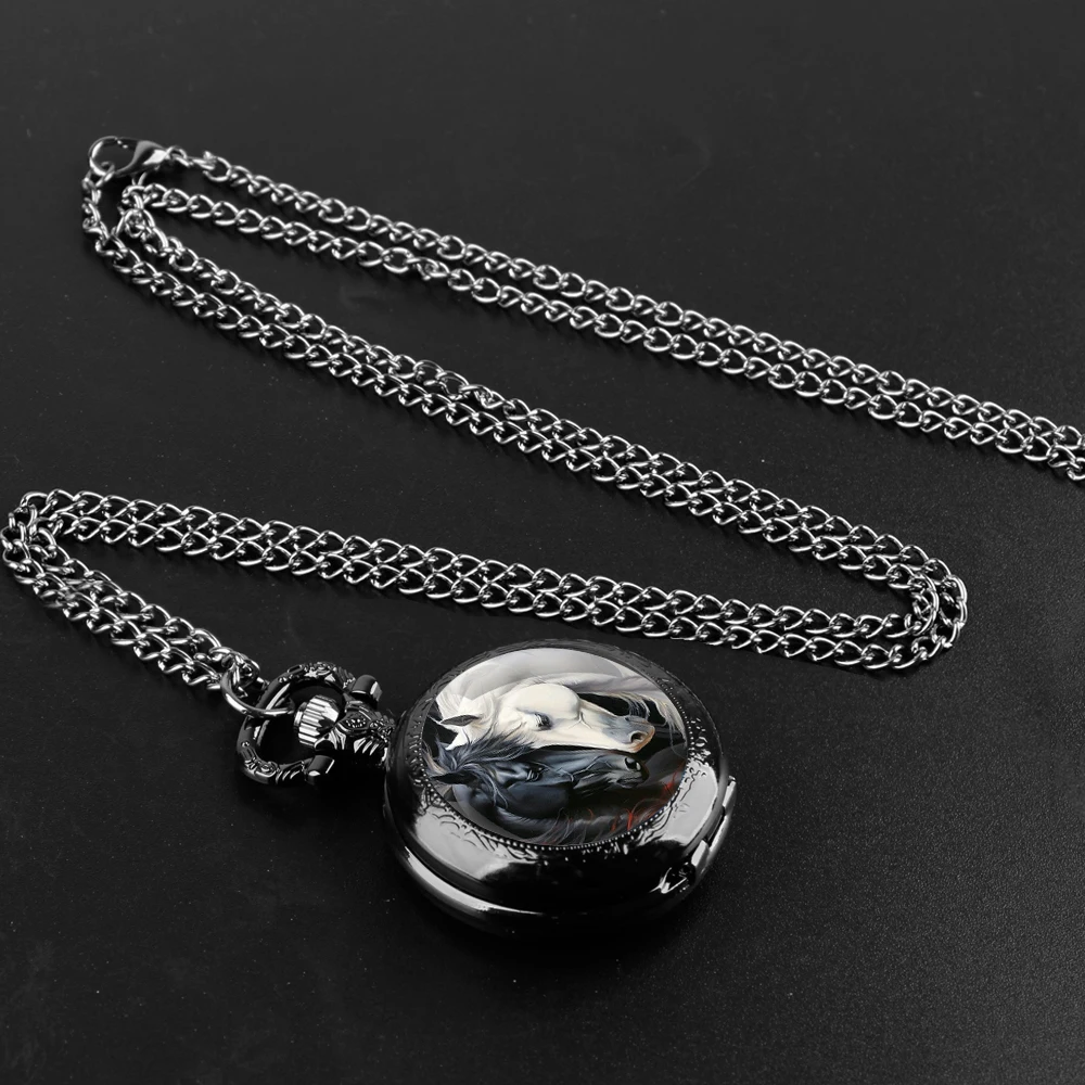 Black White Horses Design Glass Dome Quartz Pocket Watch With Durable Chain Arabic Numeral Dial For Men And Women Creative Gifts