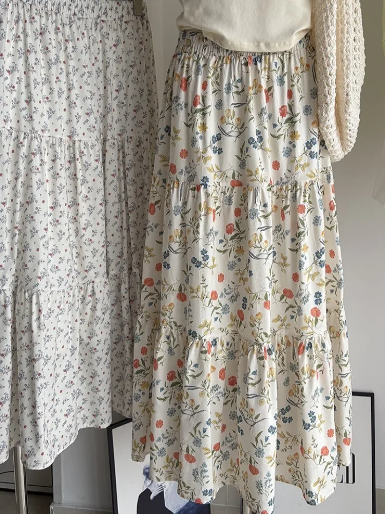 Summer Korean Vintage A-LINE Contrast Color Flower Print Loose Long Fashion Skirts