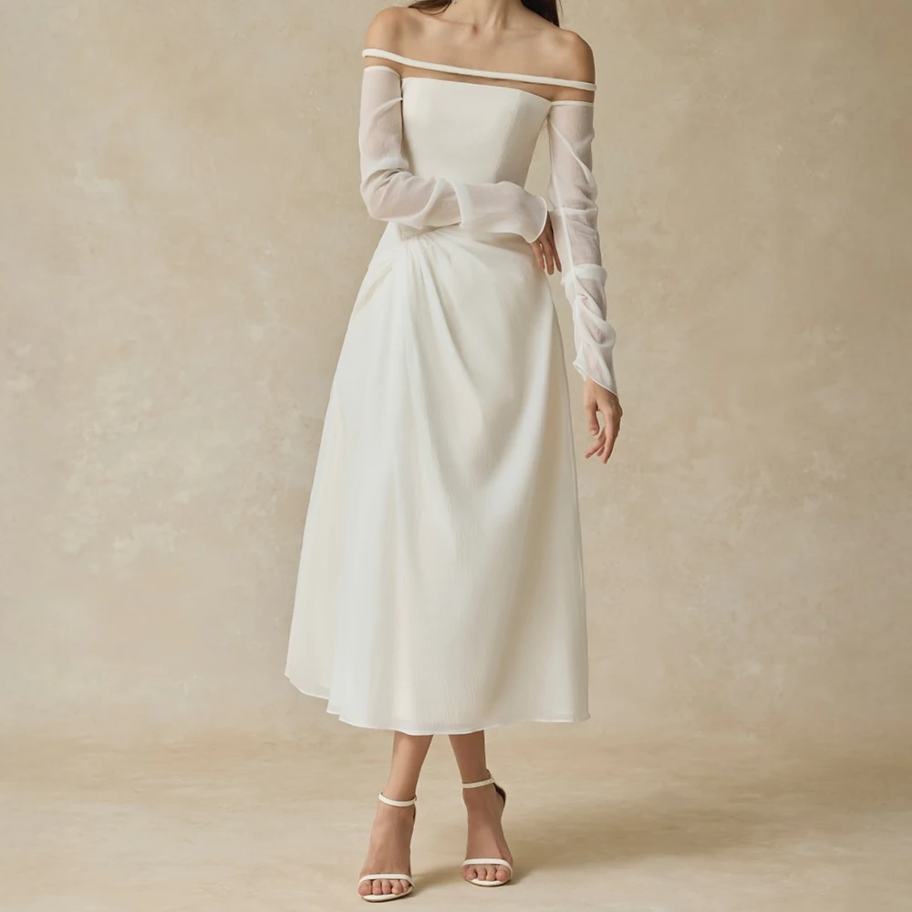 

Customized A-line Evening Dresses Tea-length Off The Shoulder Full Sleeve Prom Gown Simple Fashion Draped Backless Party Gown