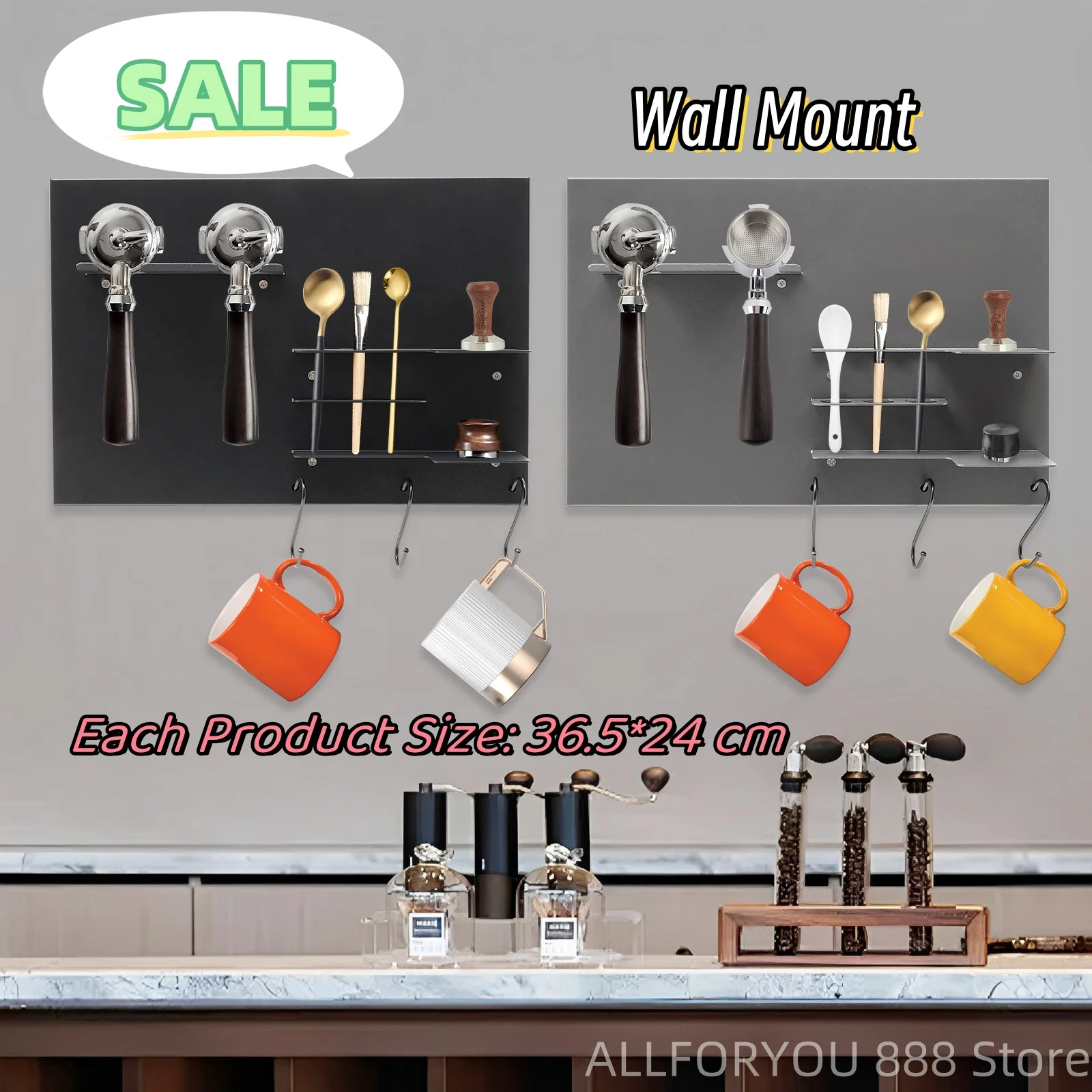 4 Tiers Wall Mount Coffee Tool Shelf with 3 Hooks Maximum Load Capacity About 4kg