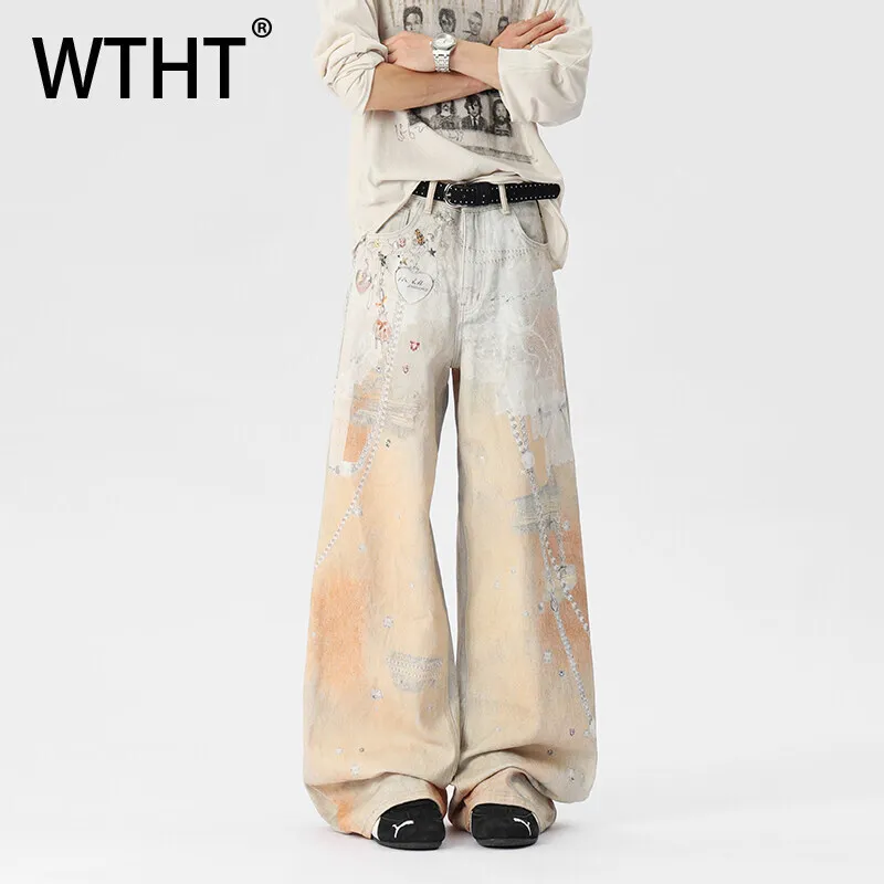 

WTHT Fashion 2025 Summer Men's Graffiti Do Old Design Denim Pants Trendy Casual High Street Straight Loose Jeans Male 2A1212