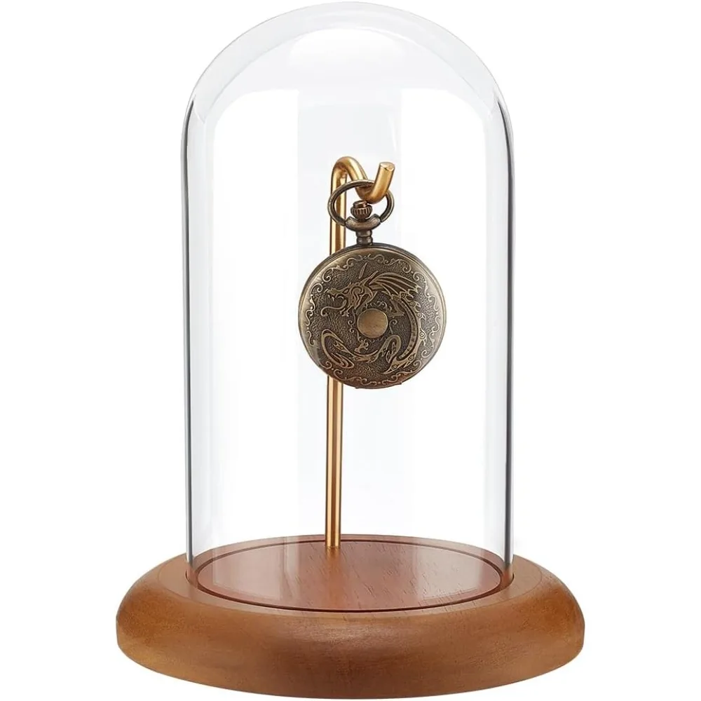 

Pocket Watch Glass Display Dome Cloche with Hook 5.7"x7.6" Watch Display Jar Clear Glass Dome with Wood Base Plant Watch