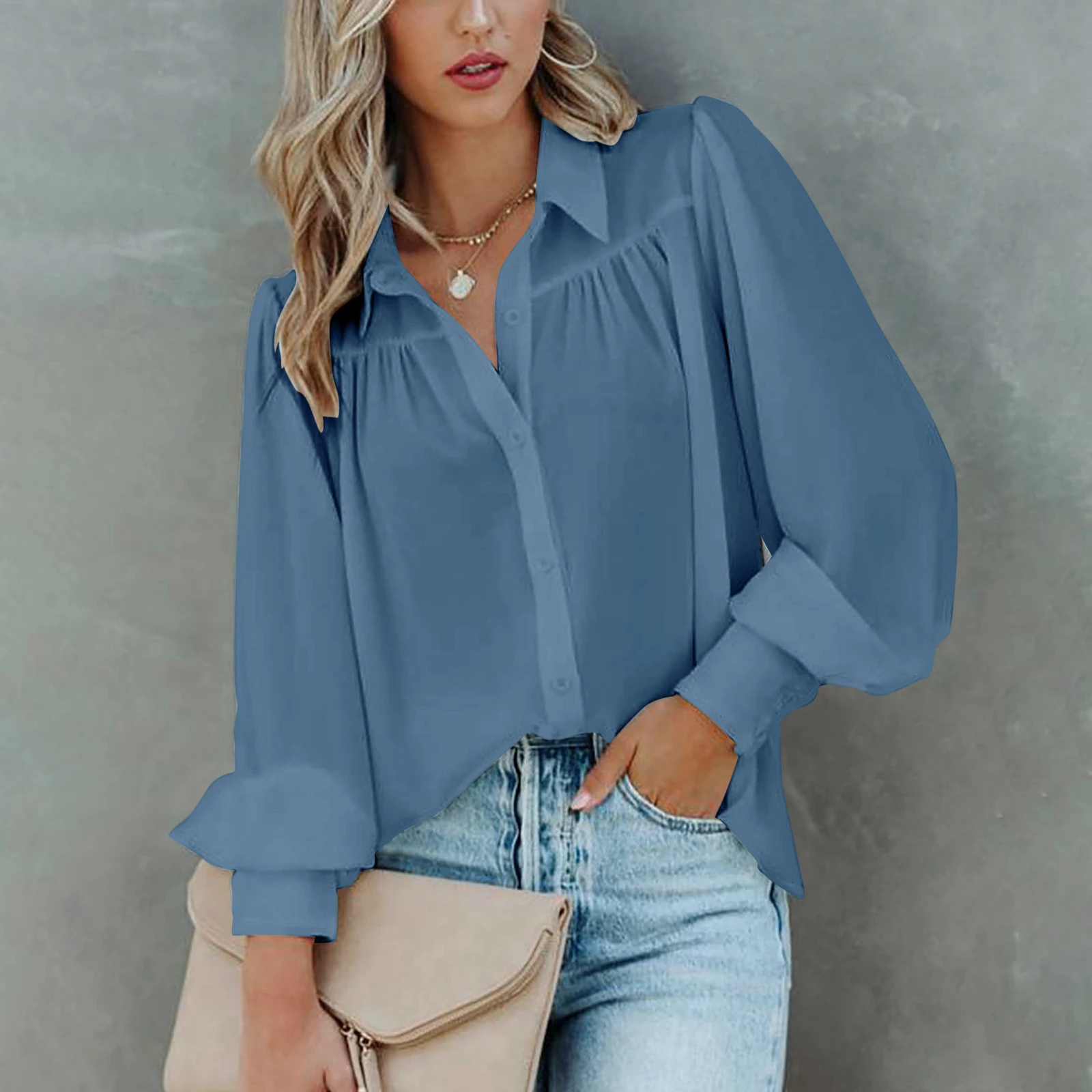

Elegant Women's Shirt Autumn Casual Turn-down Collar Long Sleeve Button Top Pleated Loose Shirt Women's Blouse New Clothes