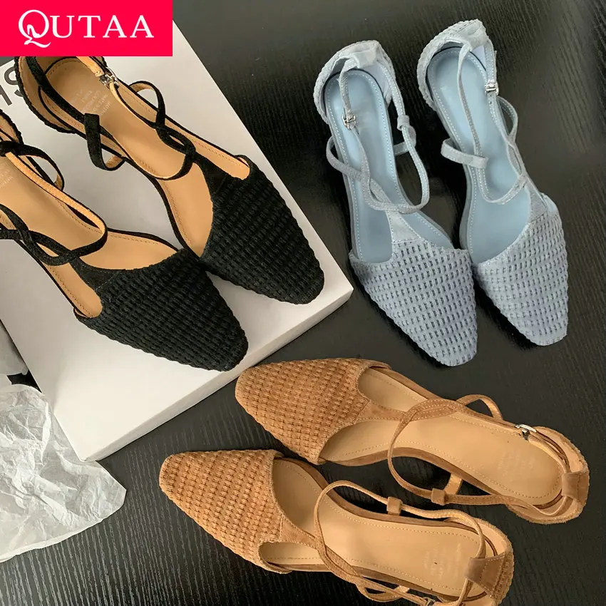 

QUTAA 2024 Fashion Sexy Genuine Leather Woman Pumps Thin Med Heel Pointed Toe Buckles Party Wedding Shoes Sandals Size 34-39