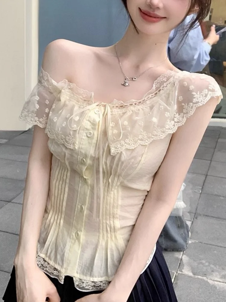 Ruffle Short Sleeve Shirt Women's Summer  Design Sense One Shoulder Short Length Top Korean Style Slim Fit Commute Style