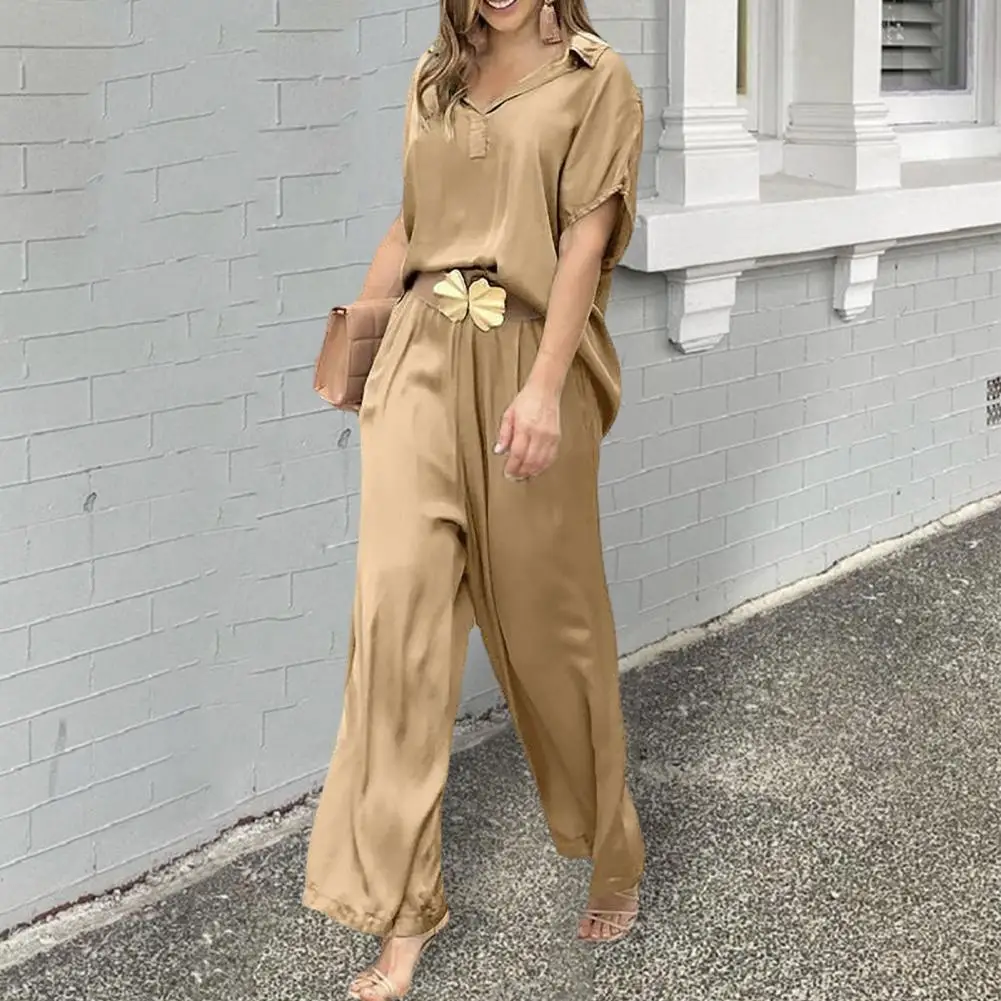 2 Pcs/Set Women Shirt Pants Set Loose Casual V Neck Short Sleeves Dress-up Wide Leg High Waist Plus Size Tracksuit Women Clothes