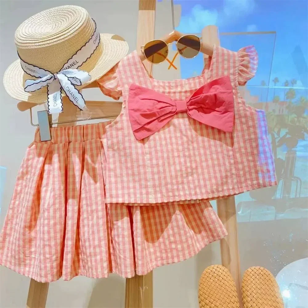 Summer Pink Plaid Girls Clothing Sets Flying Sleeve Bow T-shirt Top + Pleated Skirt Two Piece Outfits 2-6 Years Kids Clothes