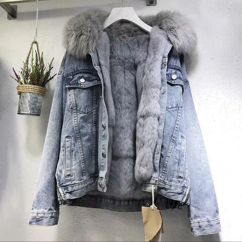 Winter Denim Jacket Hooded Coat Women Removable Fur Collar Fleece Lined Jeans Jacket Warm