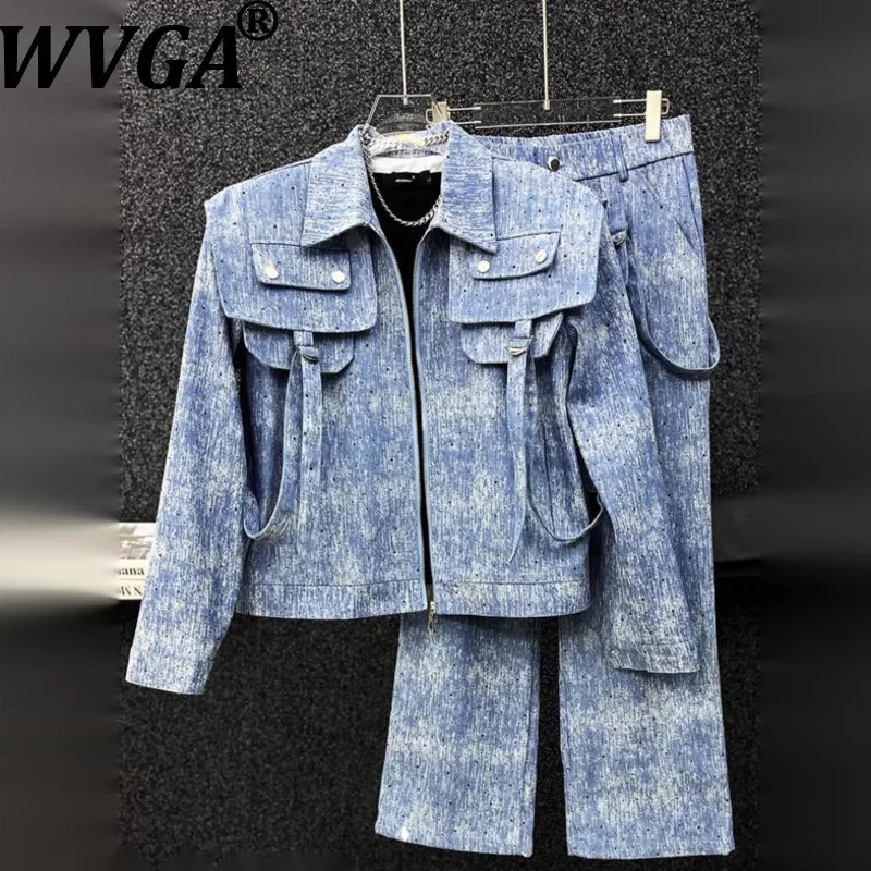 

WVGA весна осень новый мужской прилив горячие бриллианты джинсовые короткие куртки с шалью нишевые шикарные повседневные прямые брюки комплекты из двух предметов Ins W13621