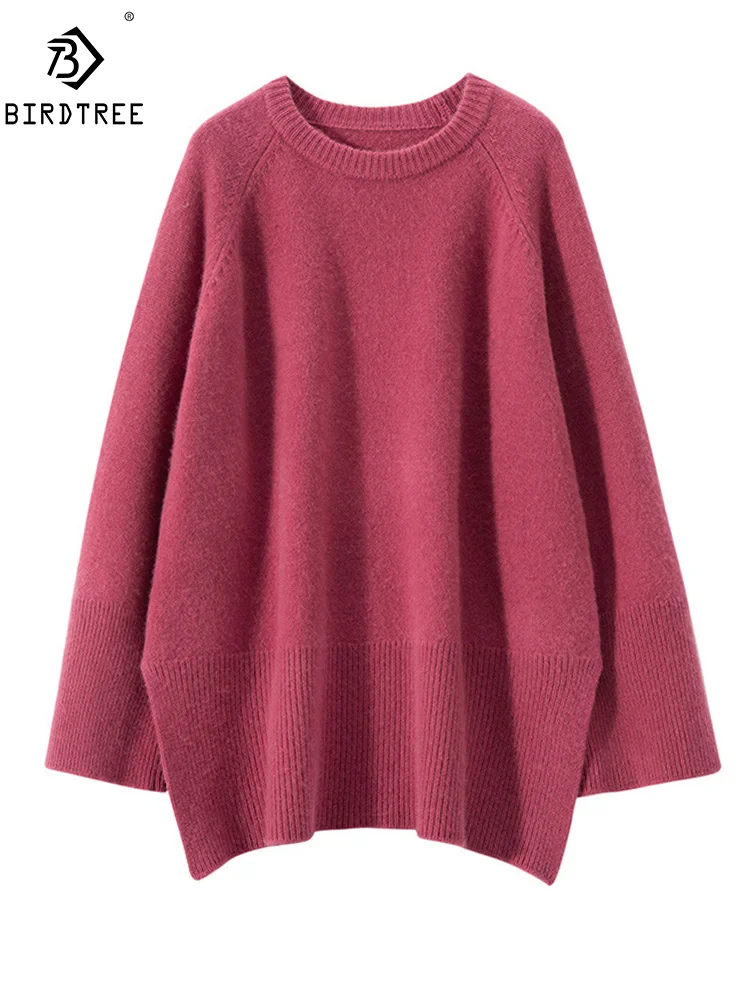 

BirdTree, 5G Wool Cashmere Loose Sweaters, Women O-Neck High Slit, Casual Fashion Pullover, 2024 Autumn Winter New Top T48760QM