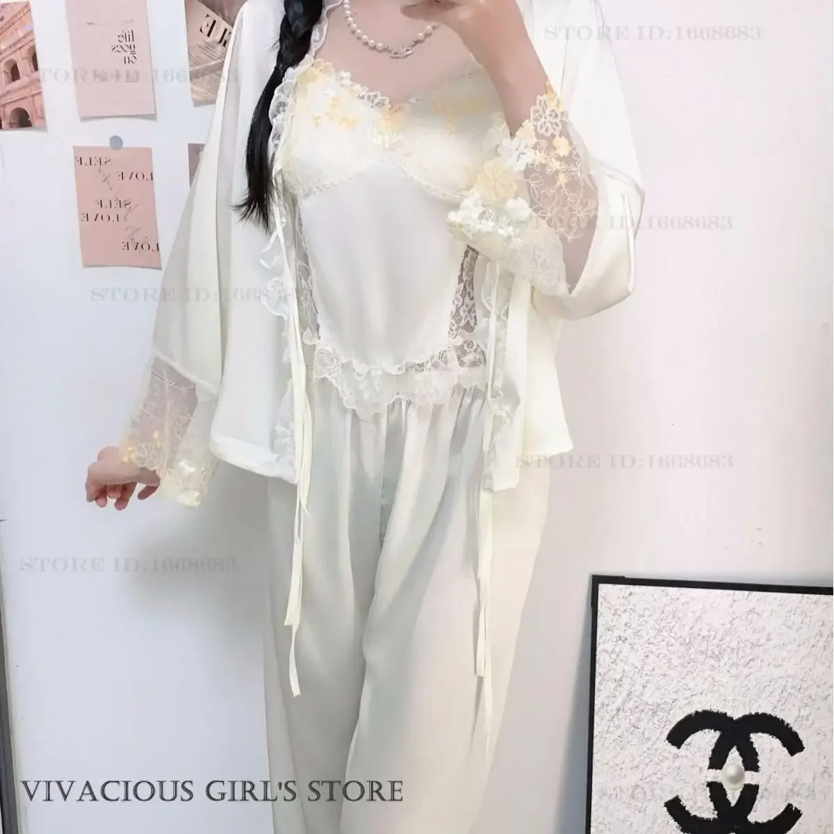 

Female 3PCS Pajamas Set Elegant Sweet Lace Sleepwear Home Clothing Spring Summer New Ice Silk Pyjama Pour Femme Loungewear