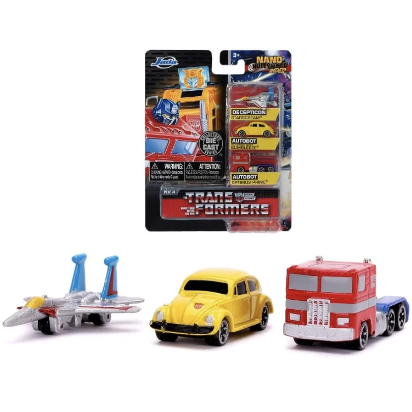 Transformers Set of 3 Nano Die-cast Optimus Prime, Starscream, G1 Bumblebee VW Beetle Toy Cars Set 4 cm Toys for Kids and Adults